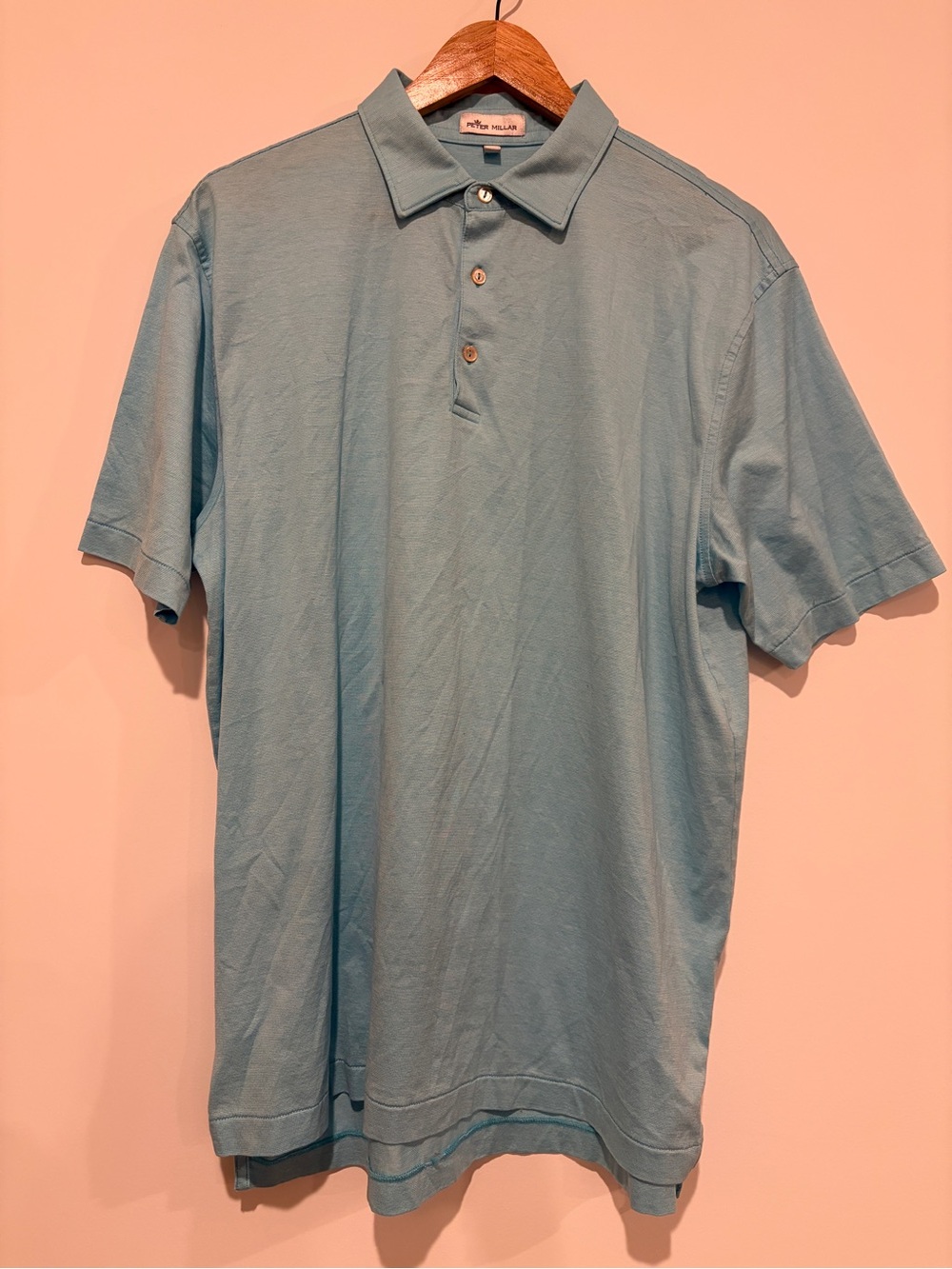 Peter Millar Size L Blue Cotton Pique Short Sleeve Classic Golf Polo Shirt Top